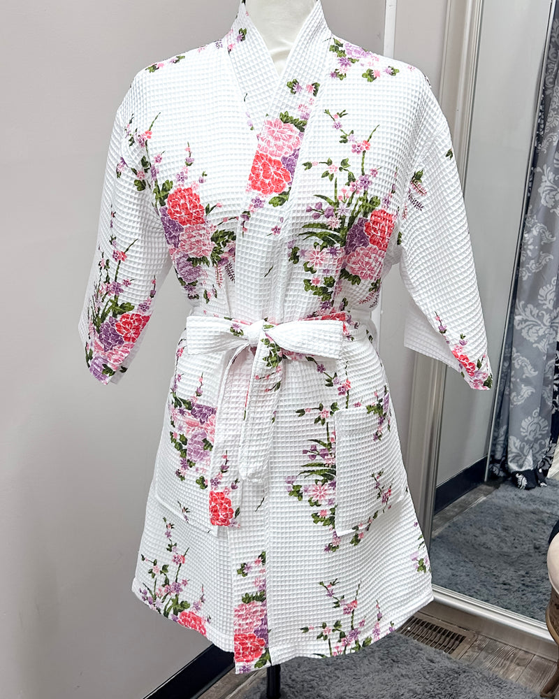 Waffle Kimono Pink Short Robe - White Floral