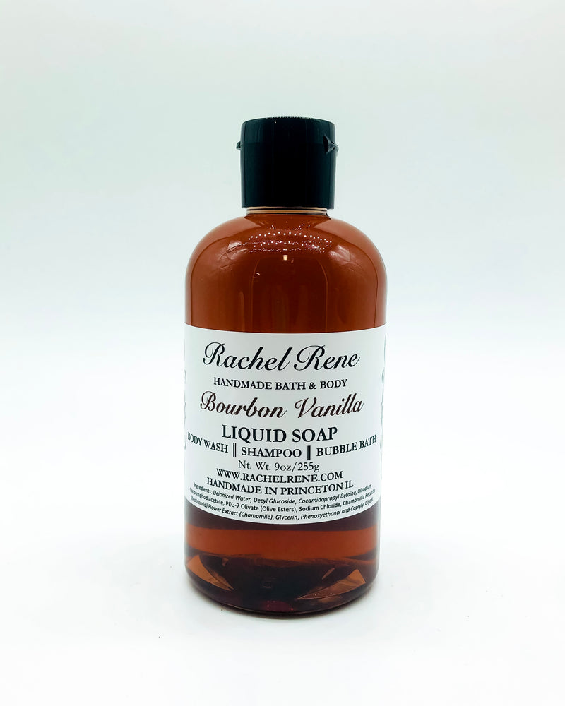 A semi-transparent brown liquid soap with a white label that reads "Rachel Rene: Handmade Bath & Body - Bourbon Vanilla. Liquid Soap - Body Wash - Shampoo - Bubble Bath." It has a black pull top cap and sits on a white background.