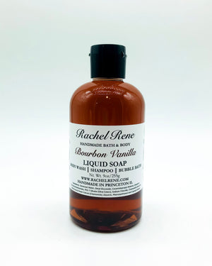 A semi-transparent brown liquid soap with a white label that reads "Rachel Rene: Handmade Bath & Body - Bourbon Vanilla. Liquid Soap - Body Wash - Shampoo - Bubble Bath." It has a black pull top cap and sits on a white background.