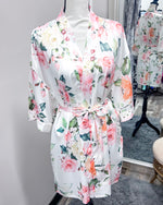 Satin Floral Kimono Short Robe - White Jasmine