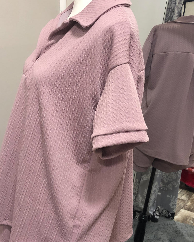 Textured Short Sleeved Collared Lounge Top - Mauve