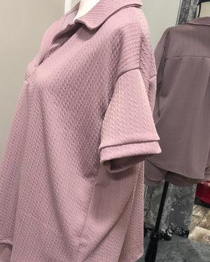 Textured Short Sleeved Collared Lounge Top - Mauve