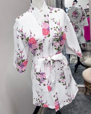 Waffle Kimono Pink Short Robe - White Floral