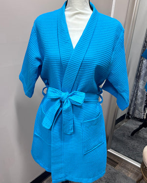 Waffle Kimono Pink Short Robe - Turquiose