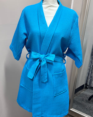 Waffle Kimono Pink Short Robe - Turquiose