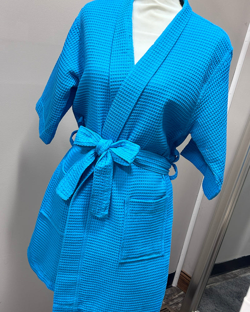 Waffle Kimono Pink Short Robe - Turquiose