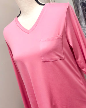 Highlands V-neck Long Sleeve Pocket Tee - Pink