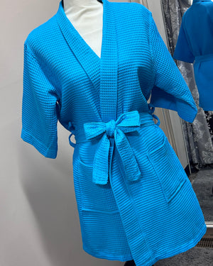 Waffle Kimono Pink Short Robe - Turquiose