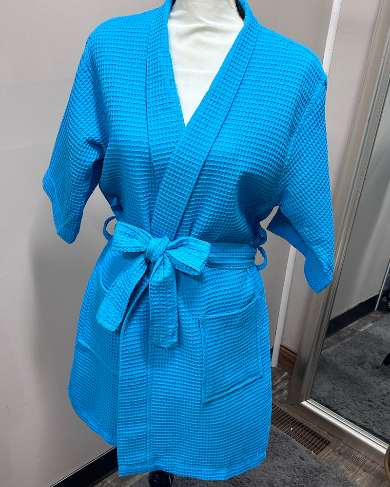 Waffle Kimono Pink Short Robe - Turquiose