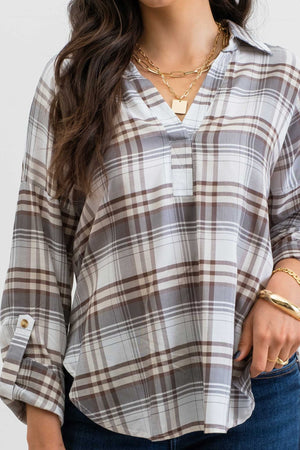 
            
                Load image into Gallery viewer, Collared Plaid Split Neck Top - Dusty Green
            
        