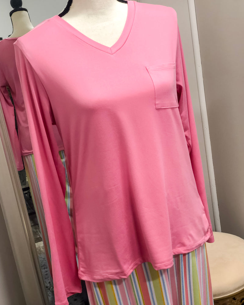 Highlands V-neck Long Sleeve Pocket Tee - Pink