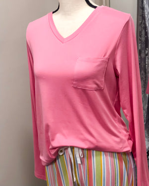 Highlands V-neck Long Sleeve Pocket Tee - Pink
