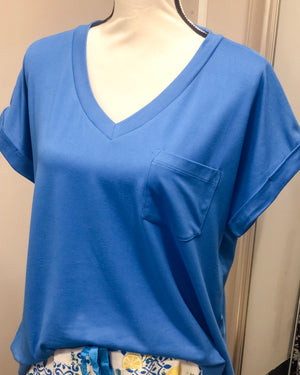 V-Neck Knit Top w/ Pocket - French Blue