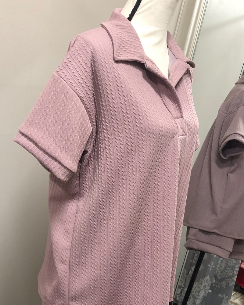 Textured Short Sleeved Collared Lounge Top - Mauve