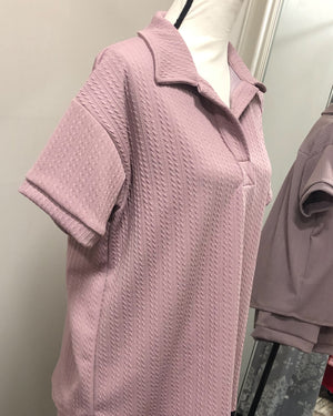 Textured Short Sleeved Collared Lounge Top - Mauve
