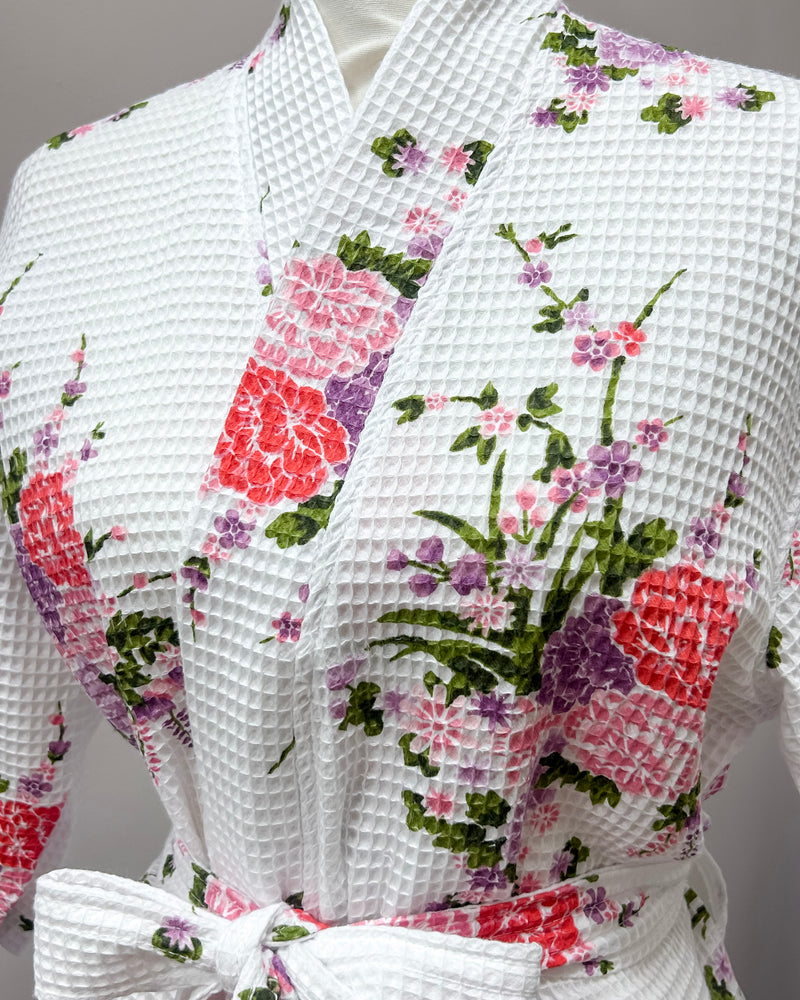 Waffle Kimono Pink Short Robe - White Floral