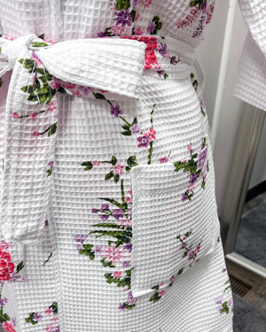 Waffle Kimono Pink Short Robe - White Floral
