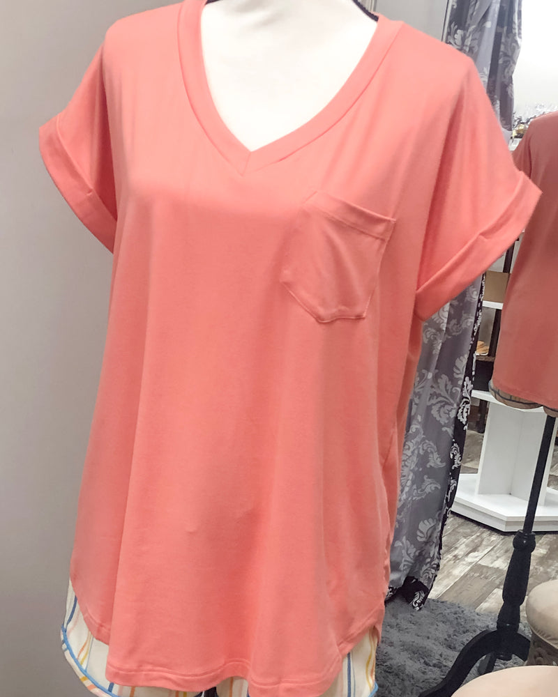 V-Neck Knit Top w/ Pocket - Cantaloupe