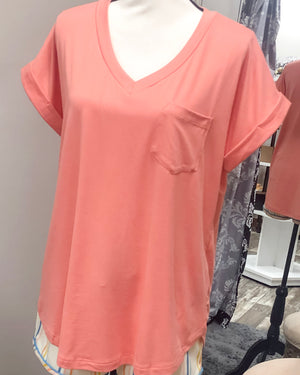 V-Neck Knit Top w/ Pocket - Cantaloupe