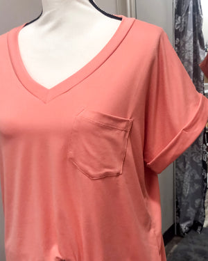 V-Neck Knit Top w/ Pocket - Cantaloupe