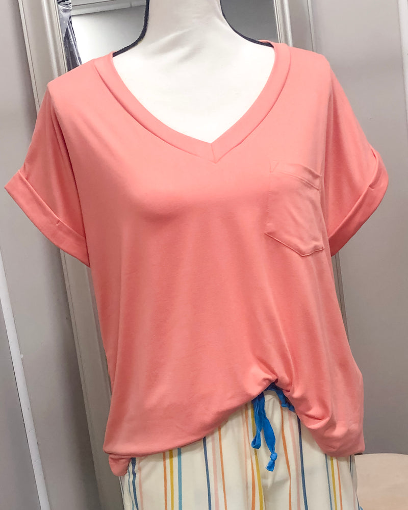V-Neck Knit Top w/ Pocket - Cantaloupe