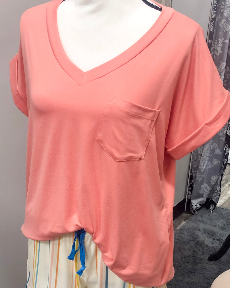 V-Neck Knit Top w/ Pocket - Cantaloupe