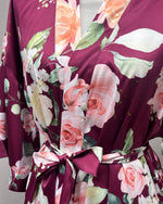 Satin Floral Kimono Short Robe - Wine Red