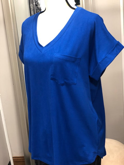 V-Neck Knit Top w/ Pocket - Royal