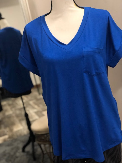 V-Neck Knit Top w/ Pocket - Royal