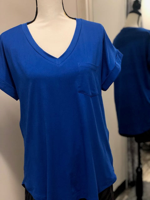 V-Neck Knit Top w/ Pocket - Royal