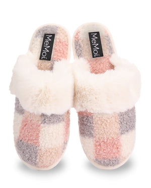 Women's Plush Checkerboard Hard Bottomed Slipper - Ivory/Pink