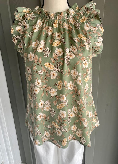 Olive Floral Print Ruffle Top
