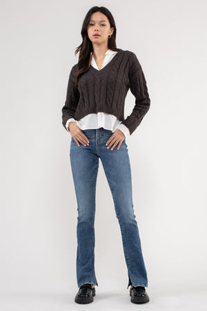Layered V-neck Cableknit Sweater - Charcoal