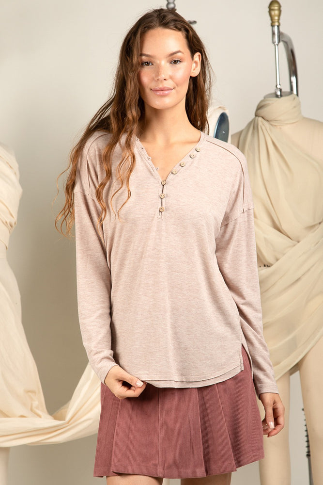 Button Down V-Neck Knit Henley Top - Oatmeal
