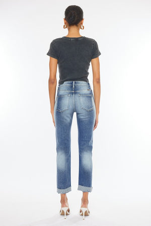 High Rise Cuffed Slim Straight Jeans - Medium
