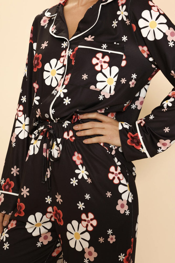 Black w/ Floral Print Pajama Set - Button Front with Pockets