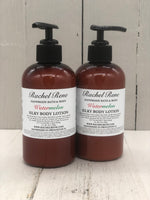 Watermelon Silky Body Lotion in an 8oz amber colored bottle with a black pump top