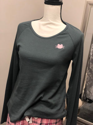 
            
                Load image into Gallery viewer, A dark gray long sleeve top with a small pink cat face on the upper right.
            
        