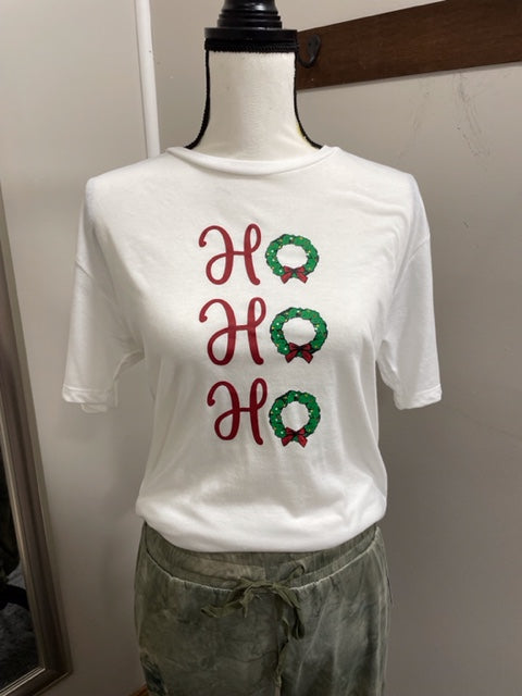 HOHOHO Wreath Crew Neck Tee - Red/Green/White