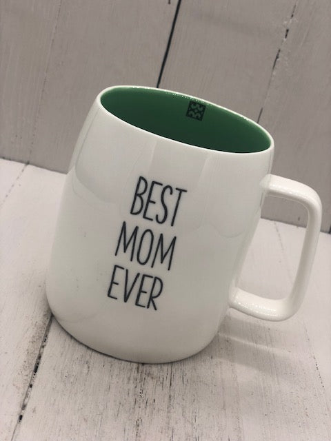 
            
                Load image into Gallery viewer, A white mug with the text &amp;quot;BEST MOM EVER&amp;quot;. The inside of the mug is sage green.
            
        