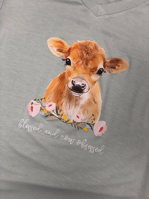 Blessed & Cow Obsessed - V-Neck Tee