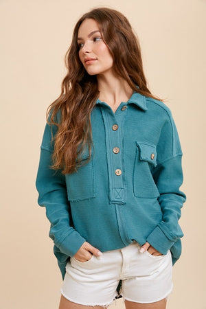 
            
                Load image into Gallery viewer, Collared Button Front Sweatshirt - Teal
            
        