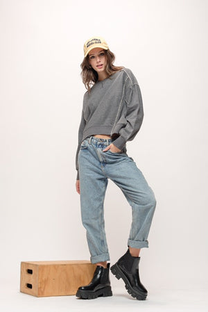 Relaxed Fit Top with Stitched Trim - Charcoal